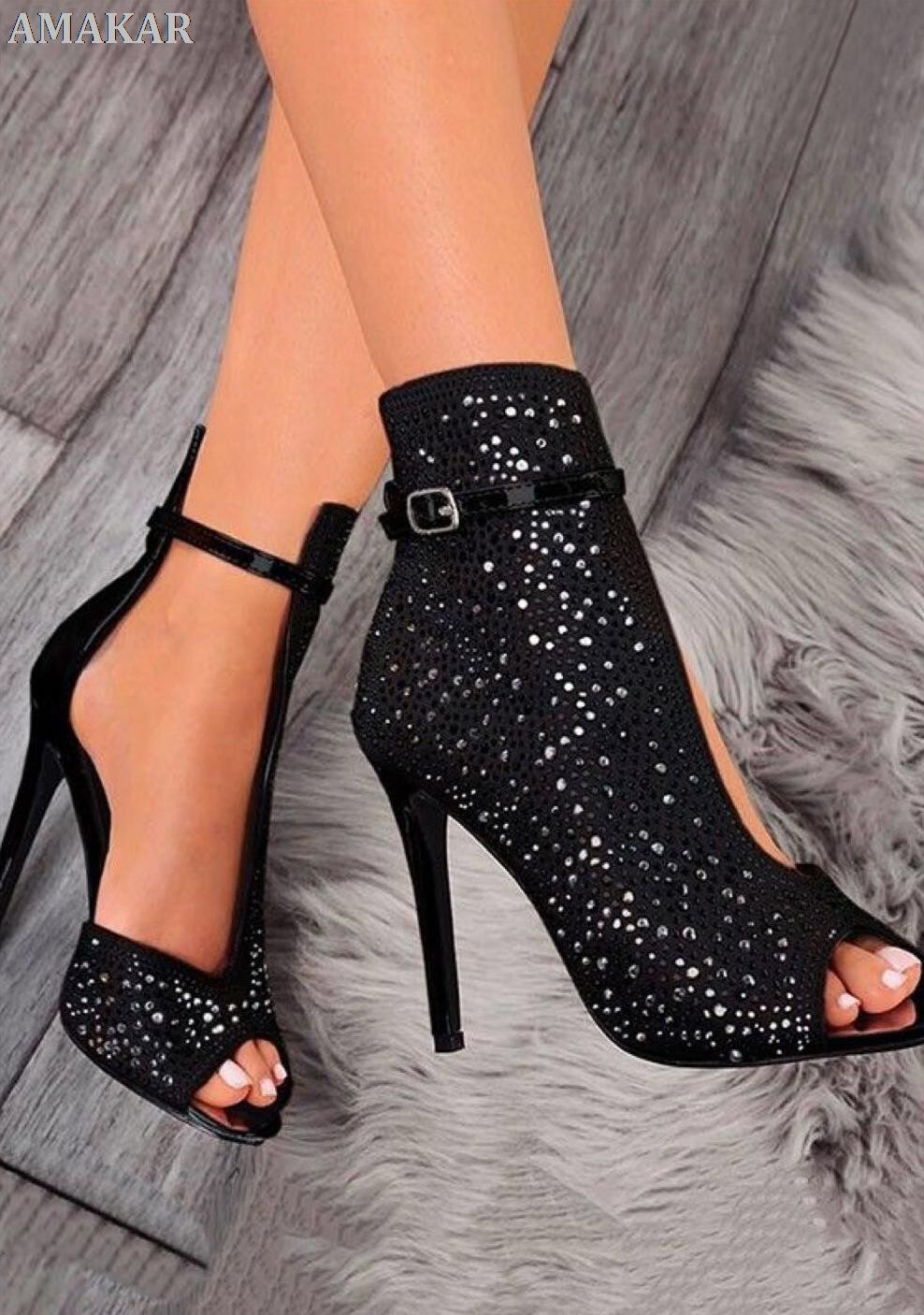 Sexy Buckle Strap Rhinestone Heels Ladies Brand Design Gladiator Crystal Sequin Pumps Stiletto High Heel Sandals Banquet