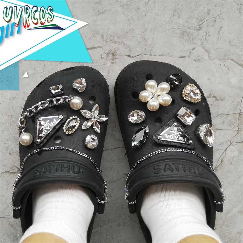 1 Set Handmade DIY Crocs Charms Bling JIBZ Buckle Rhinestone Accessories Metal Chain Clog Garden Shoe Decoration Girls 지지