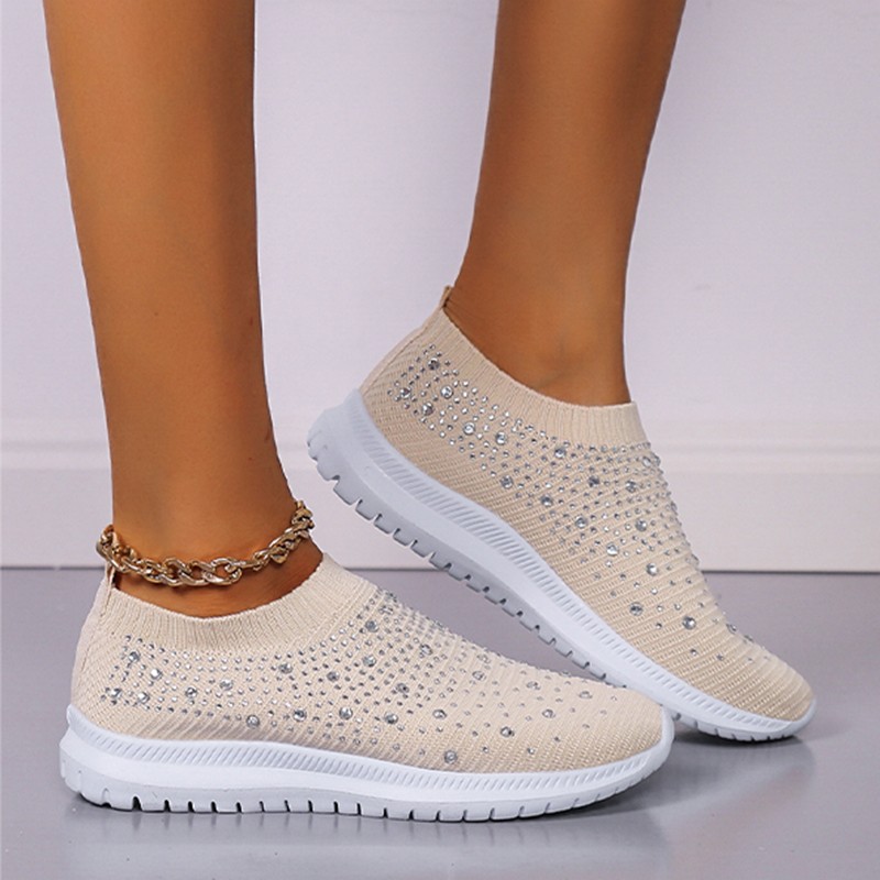 Rimocy Shining Crystal Flats Women Spring Breathable Knit Platform Sneakers Woman Comfortable Soft Bottom Non-slip Sneakers