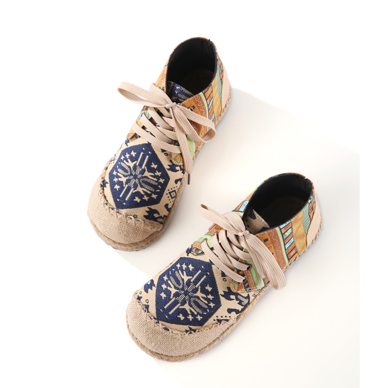 Embroidered Women Shoes Boho Cotton Linen Single Canvas National Woven Round Toe Lace Up Cloth Shoes Woman Flats Size 35-40