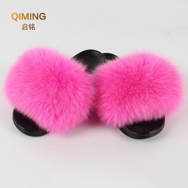 Women Summer Fluffy Fur Slippers Flat Non-slip Solid Real Furry Fur Slides Platform Shoes Plush Fur Sandals Flip Flops Women