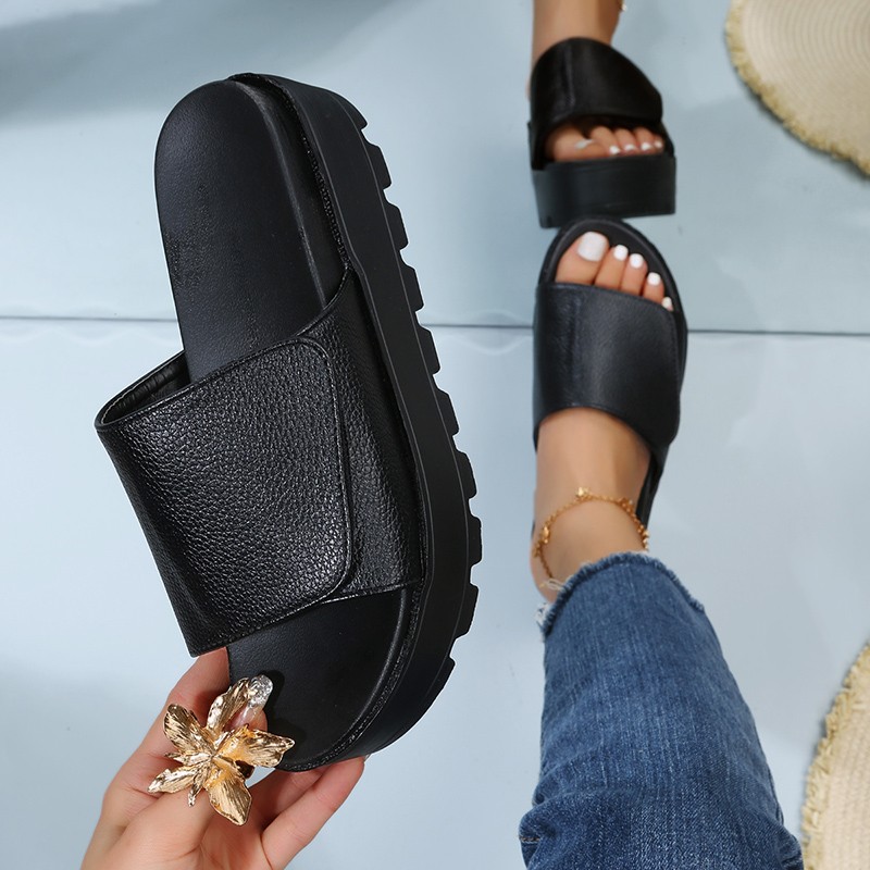 Rimocy Black PU Leather Platform Slippers Women Plus Size 43 Thick Soled Sandals Woman 2022 Summer Non-slip Slides Female Shoes