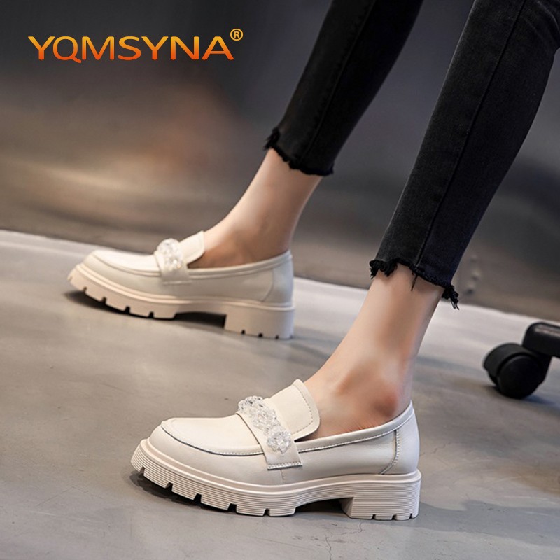 YQMSYNA Loafers Women Luxury Comfortable Thick Bottom Square Heel Round Toe Lady Shoes Fashion Appliques Party Pumps W02