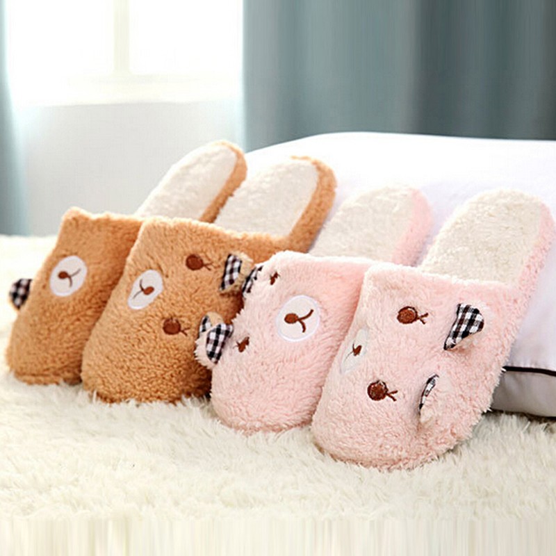 Women Plush Short Winter Slippers Cotton Bear Flat Shoes Home Bedroom Home Soft Velvet