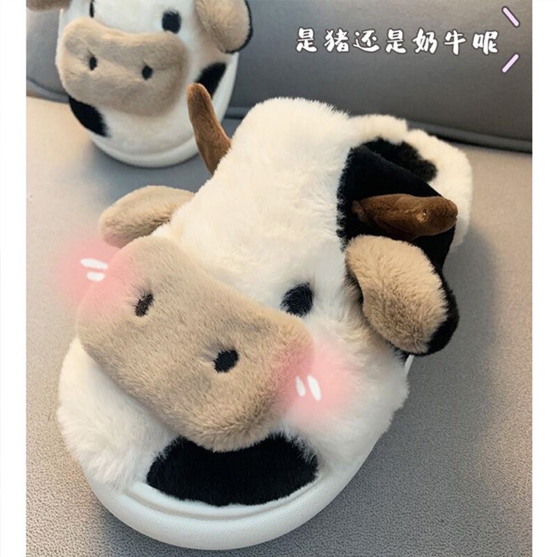 Women Winter Cute Animal Slippers Fashion Kawaii Fluffy Winter Warm Slippers Female Cartoon Milk Cow Indoor Slippers Funny Shoes