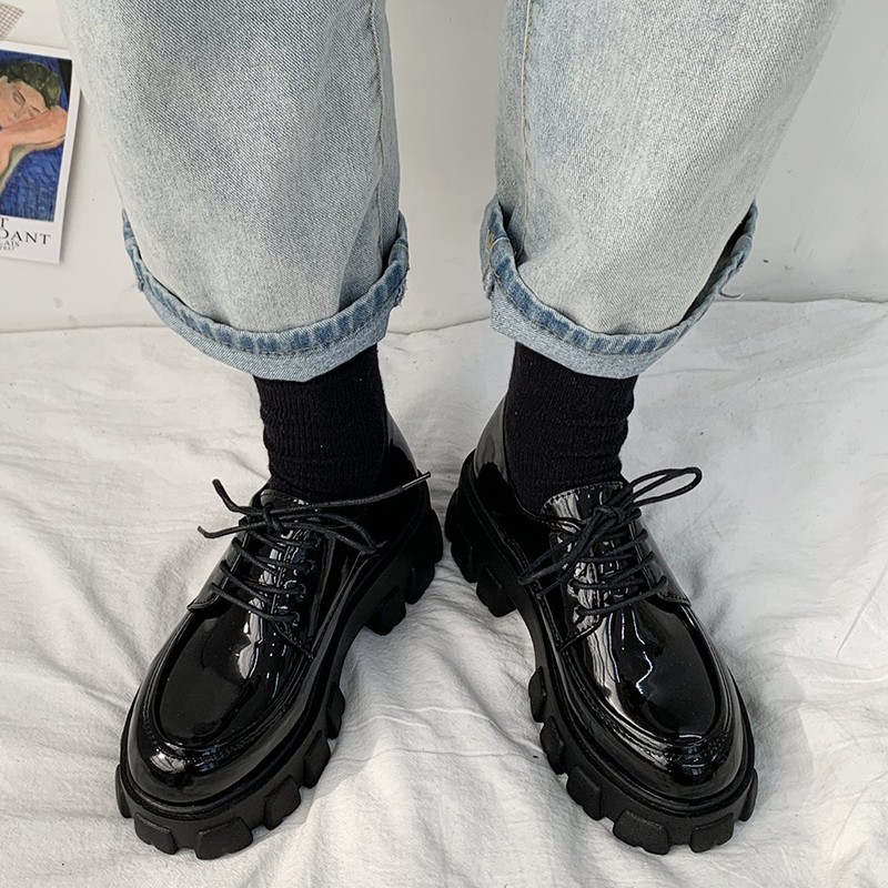 Rimocy black patent leather platform shoes women 2021 gothic lace up chunky heels woman japanese style student shoes female