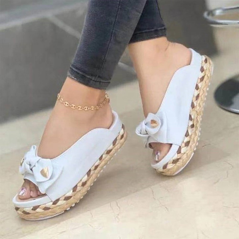 Women Bowknot Slippers Braided Straps Outdoor Sandals Thick Bottom Casual Open Toe Flat Shoes Female Straw Woven Soft Slippers