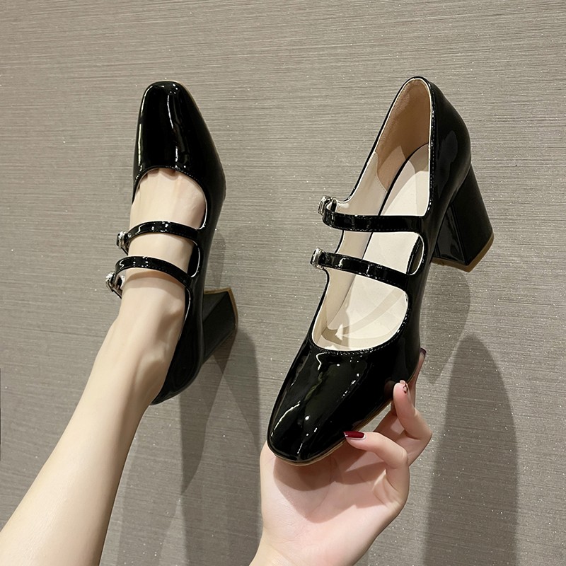 Rimocy Thick High Heels Mary Jane Shoes For Women Fashion Double Buckle Strap Pumps Woman Spring Summer New Patent Leather Shoes