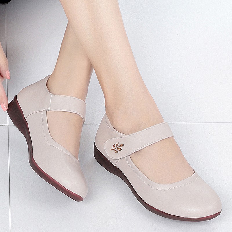 Rimocy Comfort Soft Bottom Flats Women Spring Flower Ankle Strap Flat Heels Mom Shoes Woman Beige PU Leather Light Nursing Shoes