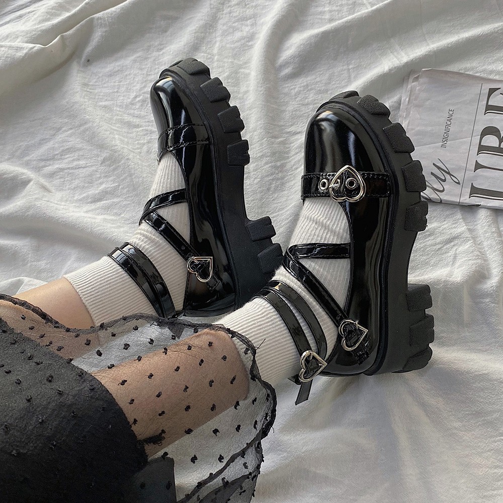 Sweet Lolita Platform Shoes Round Head Thick Heel Cross Bandage Shoes Women Kawaii Shoes Cosplay Mary Jane Shoes Heart Buckle S1