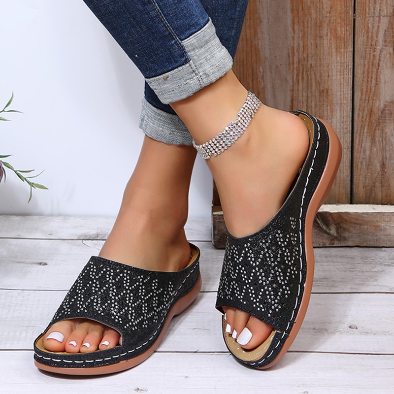 Rimocy Gold Silver Rhinestone Platform Slippers Women 2022 Summer Open Toe Beach Sandals Woman Lightweight Comfortable Slides