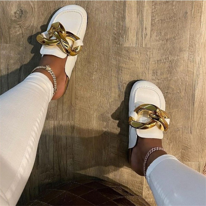 Metal Chain Lazy Loafers Big Round Toe Women Slippers Sandals 2021 Summer Fashion Thick-soled Pumps Office Women Mules Shoes