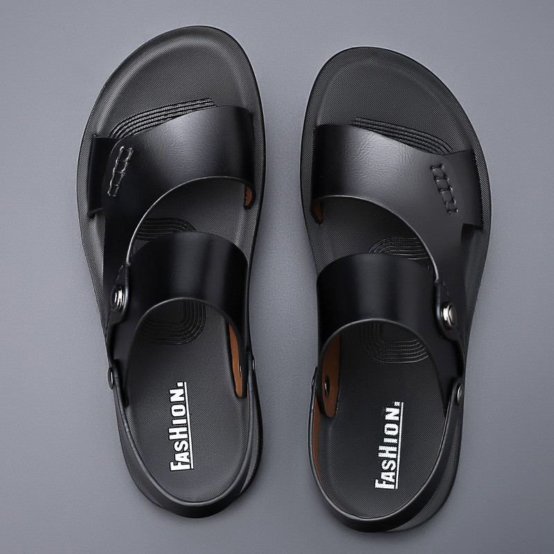 2022 summer new fashion men shoes vintage genuine leather non-slip beach slip-on sandals travel flip-flops black brown