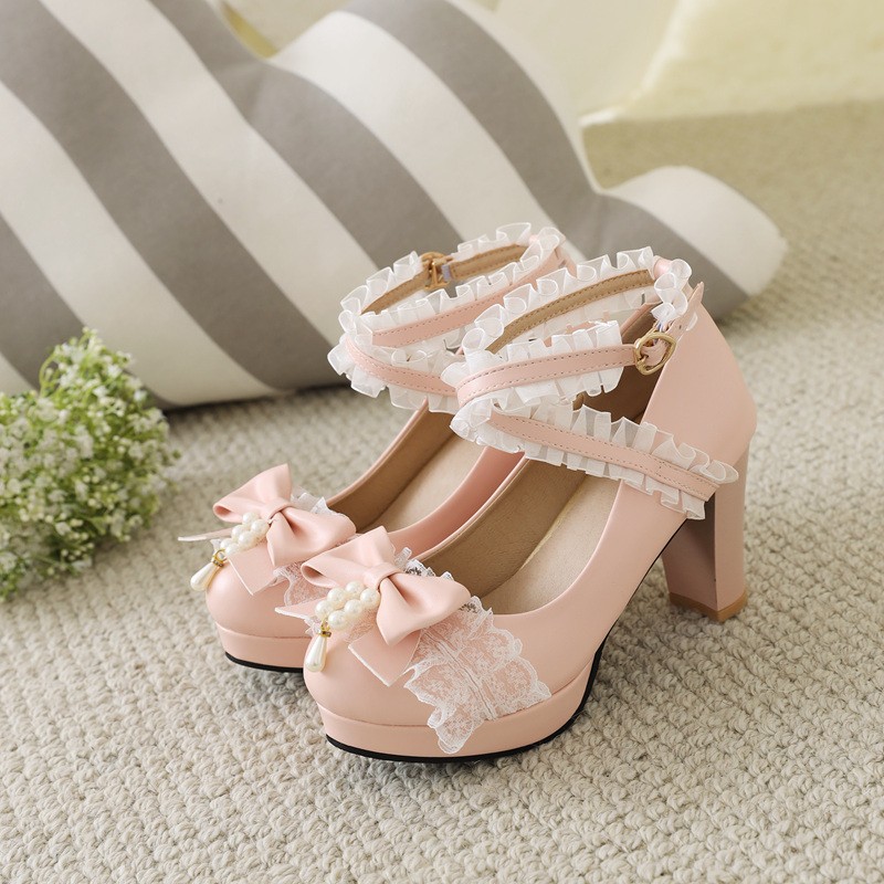 2022 new spring women shoes plus size 22-28cm feet length Chunky High Heel Pearl Bow Cross Buckle cute lolita Banquet shoes