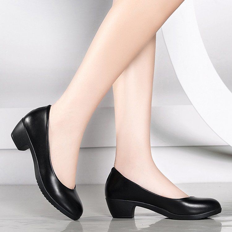 Pofulove Women's PU Leather Shoes Black Square Heels Pumps Office Ladies Shoes Zapatos De Mujer Fashion Design Sexy