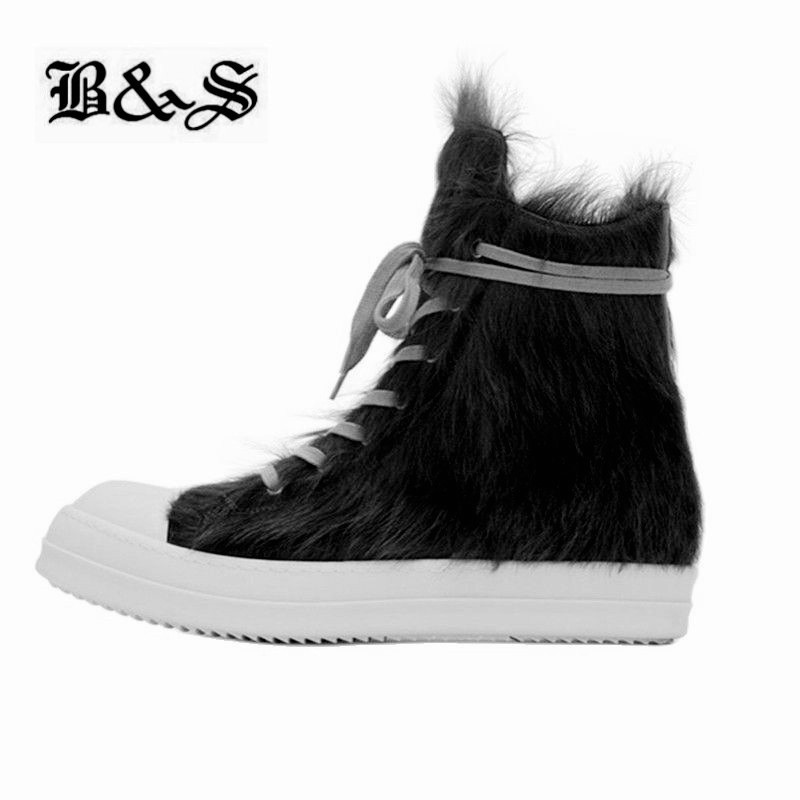 High quality black fur street leather custom PU lace-up boots