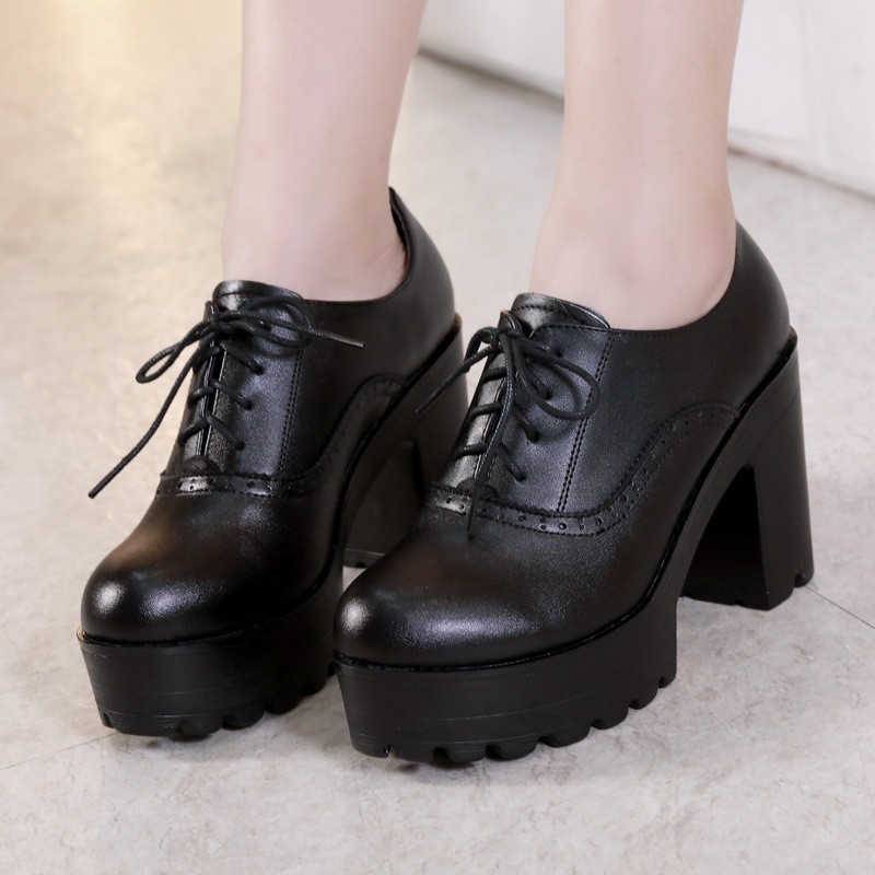 High Heel Shoes Show Women Single Shoes Thick Heel Plush Lace Up Thick Soled Leather Shoes Women's Shoes Zapatos De Mujer