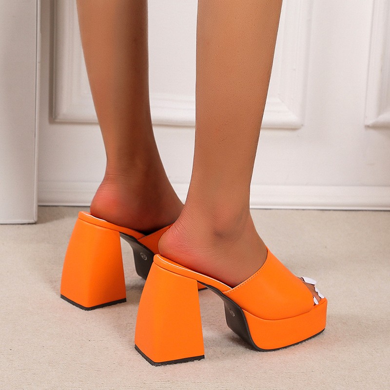 Platform Slippers Women's Sexy Square Toe High Heel Sandals Size 43 zapatos de mujer Orange Yellow Blue Black Women Shoes 20221