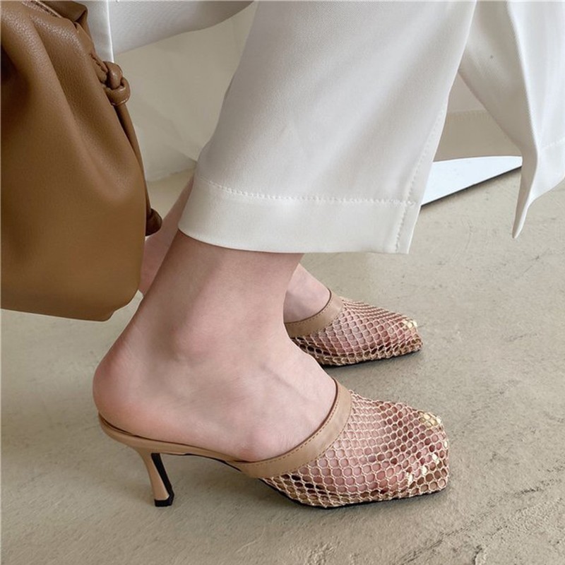 Sexy Hollow Mesh Heels Women Square Head Stiletto New Pumps Sandals Slippers Breathable Plain Banquet Dress Muller Women Shoes