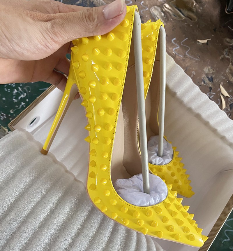 Yellow Color Rivets Women Pointed Toe Stiletto High Heels Size 33-45 Punk Rivets Slip On Sex Pumps