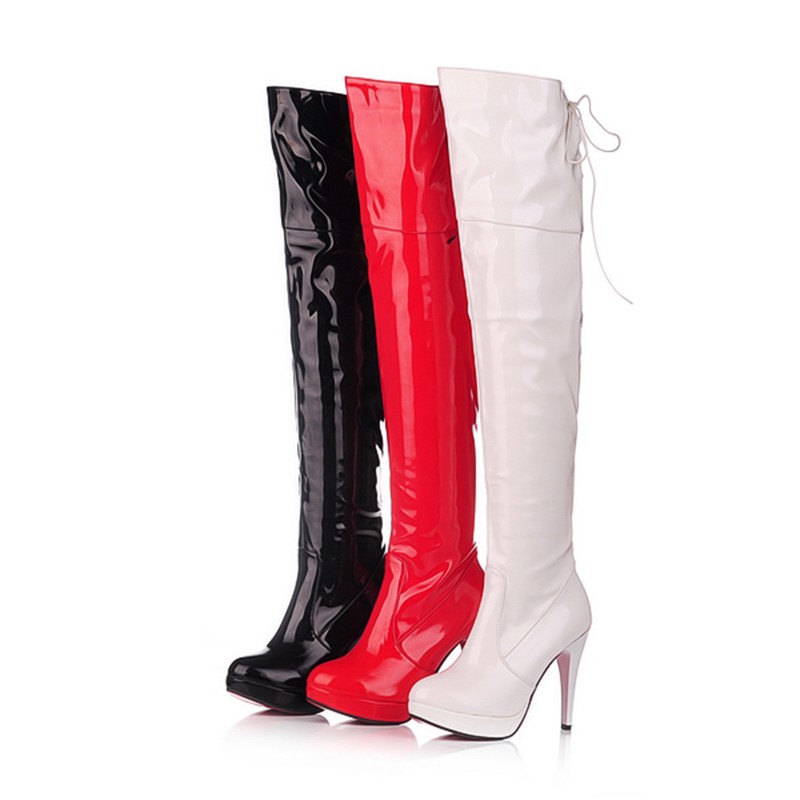 REAVE CAT 2021 Sexy Over the Knee Boots Patent Leather Velvet Round Toe Lace Up Zip Platform 11cm Thin Heel US12 White Red A4348