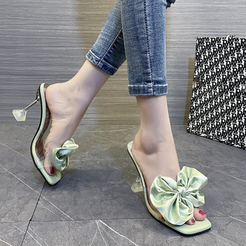 Rimocy Big Bow Fashion Slippers Women Transparent PVC Stiletto Heel Women Sandals Summer 2022 Crystal High Heels