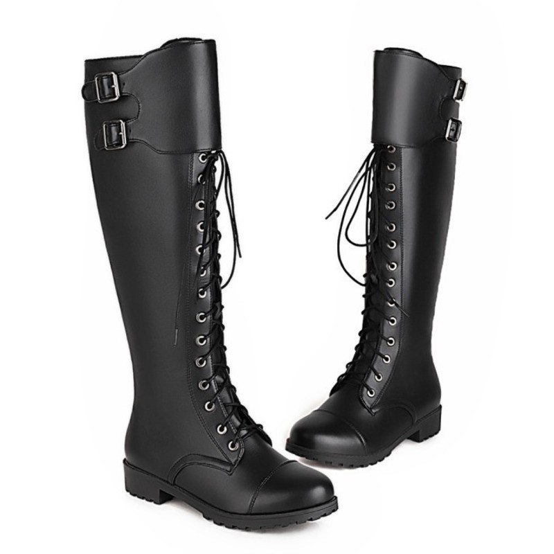 Women Knee High Boots Black Low Heel Lace-up Martin Motorcycle Knight Boots 2021 New Autumn Winter Long Boots