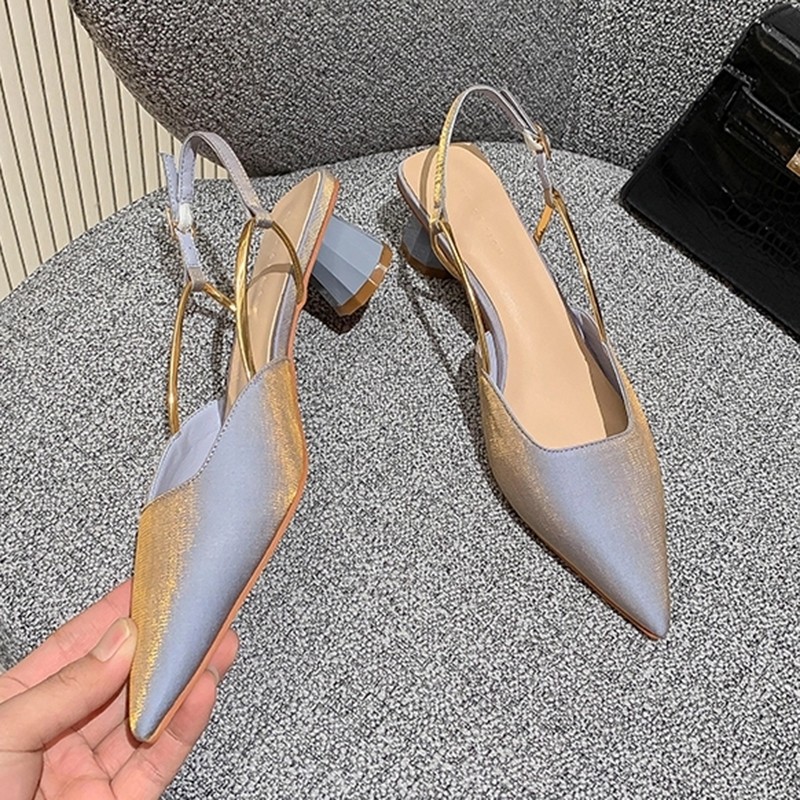 Lucyever 2022 Summer Pointed Toe Silk Pumps Women Back Strap Buckle Thick Heels Sandals Woman Shallow Mouth Party Shoes Ladies