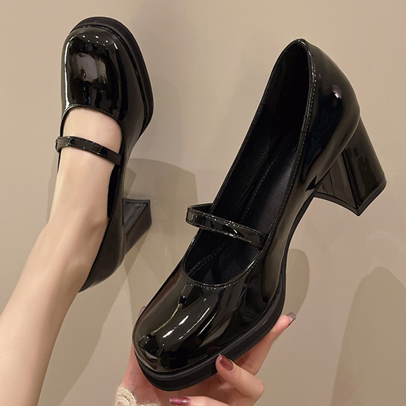 Lucyever Vintage Thick Heels Mary Jane Shoes Women 2022 Buckle Strap Patent Leather Shoes Woman Black Brown Shallow Pumps Ladies