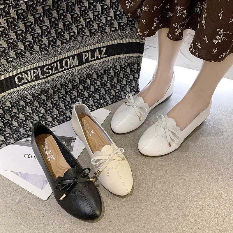 Spring Cute Bow White Elegant Gentle Low-heeled Casual Fashion Soft Women's Shoes Pregnant Women Go Out Comfortable Flat Shoes