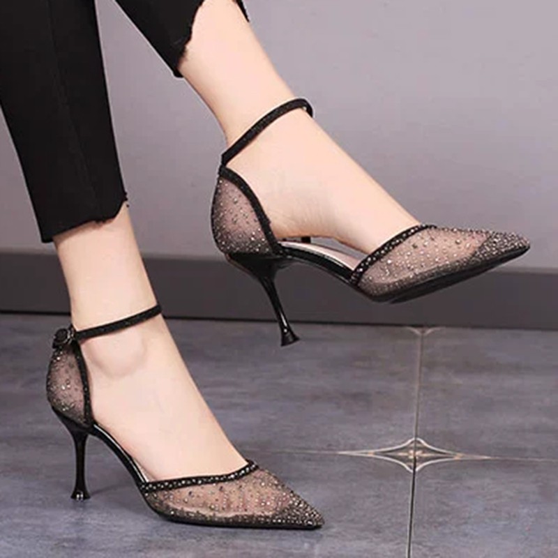 Lucifer Sexy Black Mesh High Heels Women Shoes Summer 2022 Pointed Toe Crystal Pumps Woman Shiny Ankle Strap Party Ladies Shoes