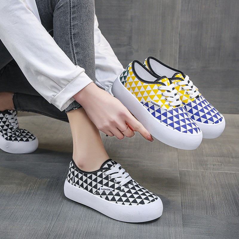 Spring New Color Matching Plaid Design Fashion Shallow Mouth Breathable Outdoor Casual Rubber Platform Non-slip Canvas Shoes