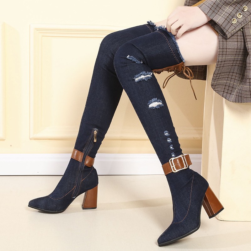 Rimocy Women Sexy Skinny Denim Boots Spring 2021 Wedge High Heel Women Boots Casola Cowboy Over The Knee Boots Botas Mujer