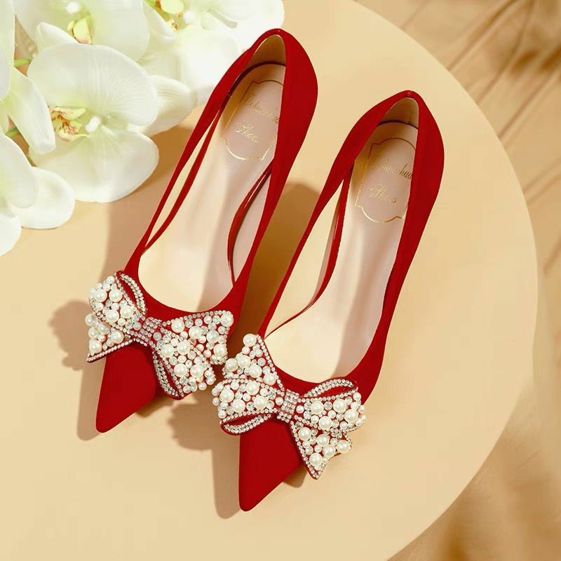 Rimocy Sexy Red Velvet Wedding Shoes for Women 2022 Luxury Pearl Bowknot Pointed Toe Pumps Woman Stiletto High Heel Dress