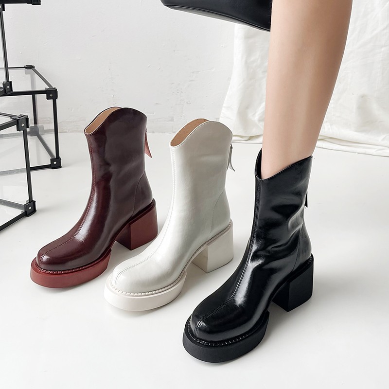 Women Ankle Boots Genuine Leather 22-25cm Autumn and Winter Cowhide Upper Black Boots Winter Boots Back Zipper Tooling Boots