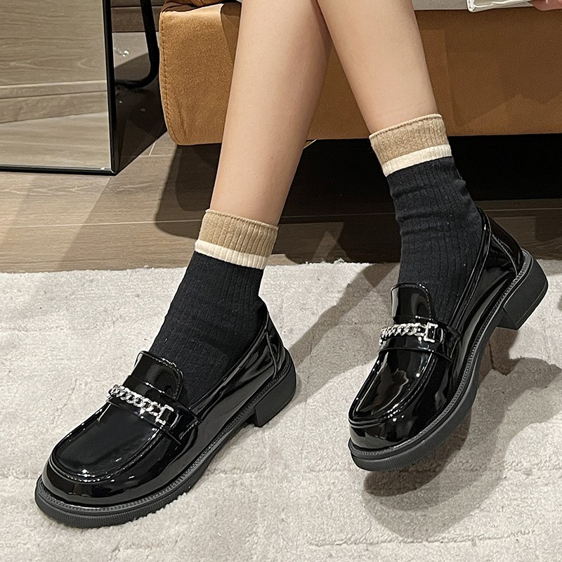 Lucifer Pearl Chain Platform Loafers Women 2022 Round Toe Slip On Pu Leather Shoes Woman Black Med Heels Student Shoes Female