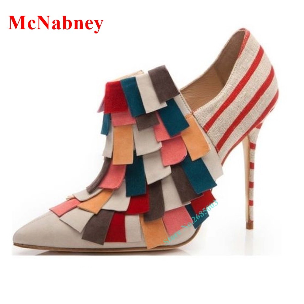 Newest Fringe Thin Heels Women's Pumps Pointed Toe High Heel Shoes Striped Women Shallow Party Shoes Mixed Colors Slip On Pumps