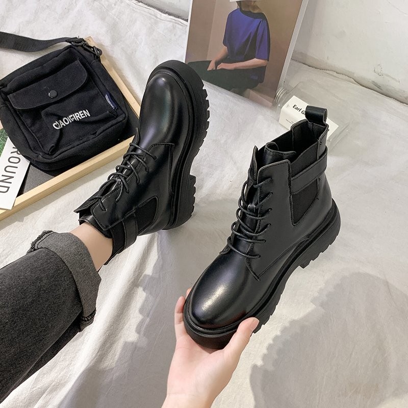 Rimocy Fashion Black Platform Women's Boots Autumn Winter 2021 PU Leather Chunky Ankle Boots Woman Waterproof Motorcycle Boots