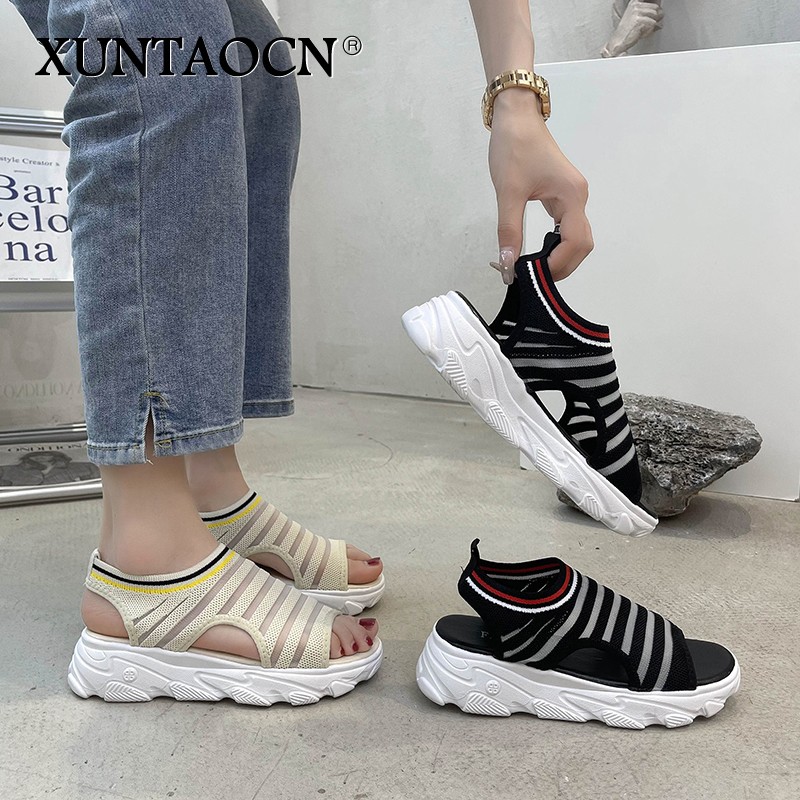 Women's sandals peep toe hollow air mesh thick bottom solid wedges female summer shoes causal fashion slip on women's shoes