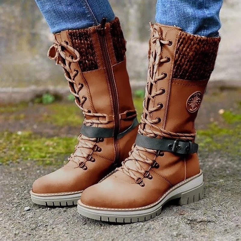 Women's Winter Side Pull Lace-up Knitted Mid Tube Boots Low Heel Round Toe Boots High Quality Winter Warm Boots Botas De Mujer