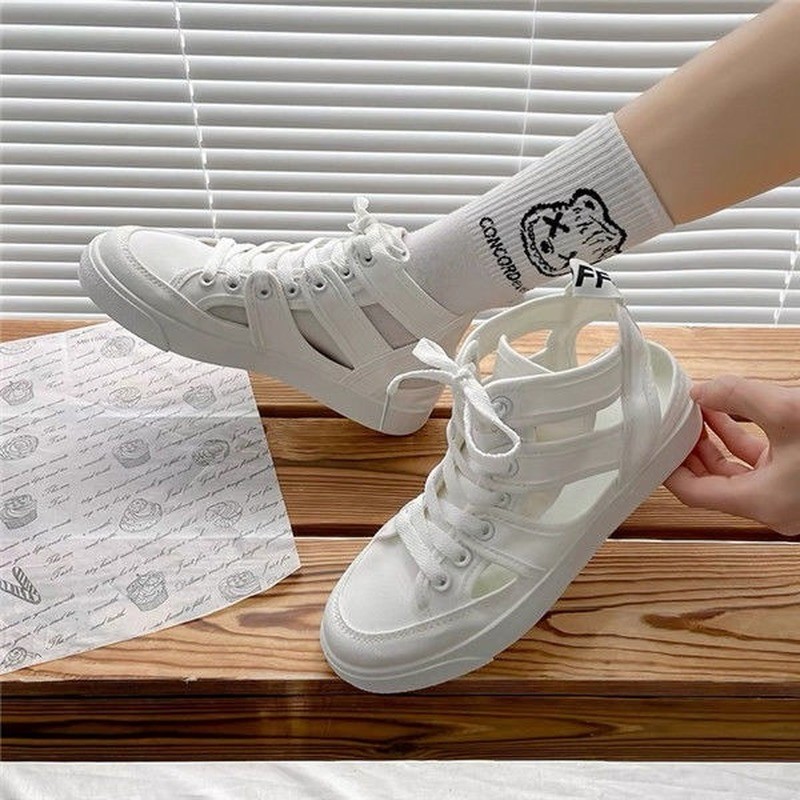 Fashion Hollow Women Canvas Sneakers Summer Breathable Lace Up Espadrilles Femme Casual Students INS White Zapatillas Mujer