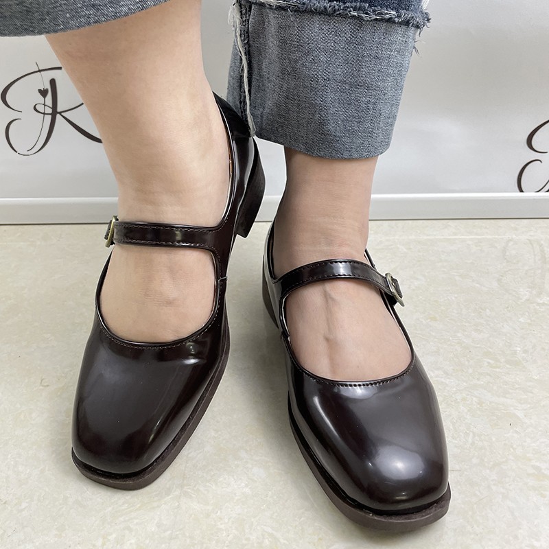 Rimocy Vintage Brown Low Heel Mary Jane Shoes for Women Spring Autumn Patent Leather Shoes Woman Square Toe Buckle Strap Pumps