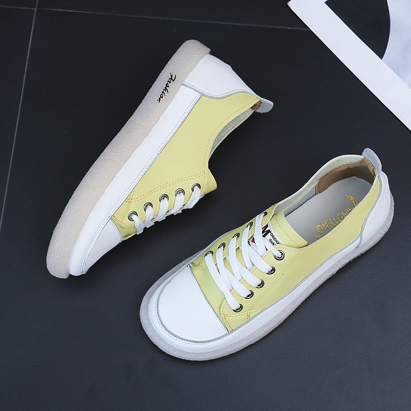 Women Spring Shoes 2022 New Genuine Leather Trend Color Matching Women Shoes Flat Bottom Lace-up Casual Girl Student Shoes