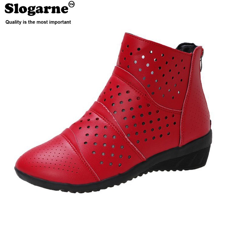 Women's hollow ankle boots female spring shoes 4.5cm medium heel wedges soft leather invisible height increasing short boots