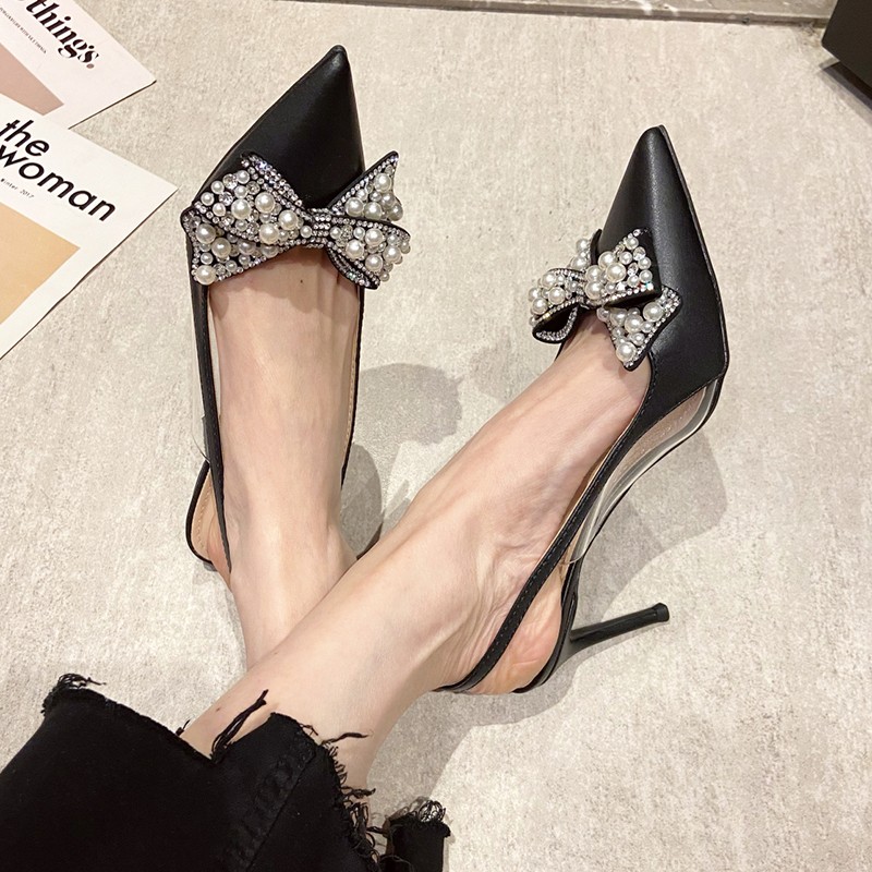 Rimocy Women's High Heels Pearls Shoes 2022 Spring Summer Thin High Heels Women Shoes Crystal Pointed Toe Wedding Shoes