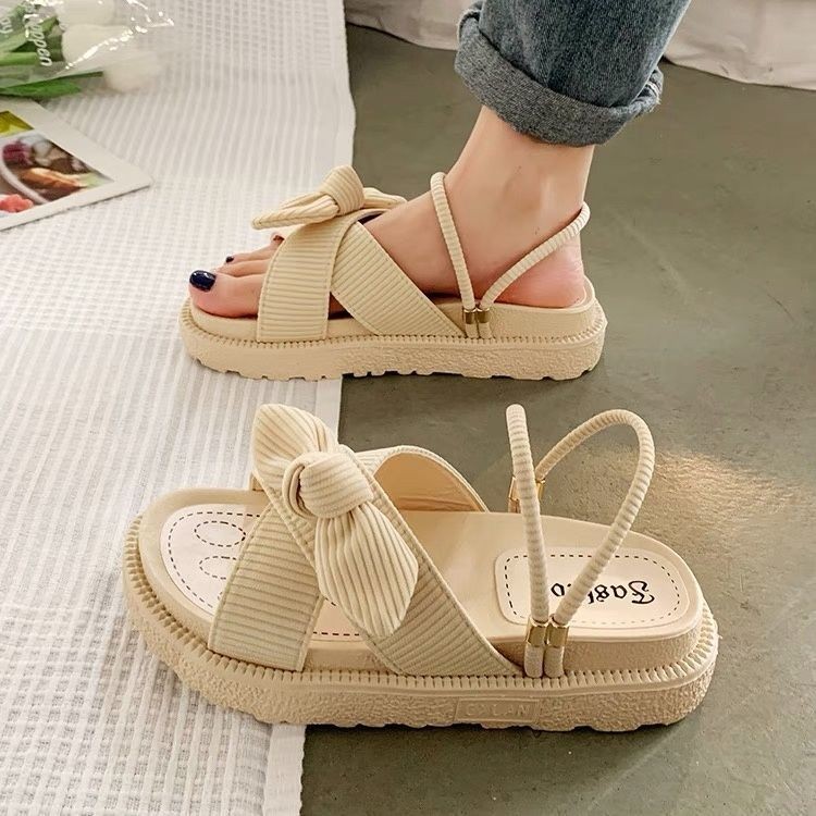 2021 new lady sandals summer fairy style fashion student thick-soled roman flat shoes indoor slippers slides butterfly knot