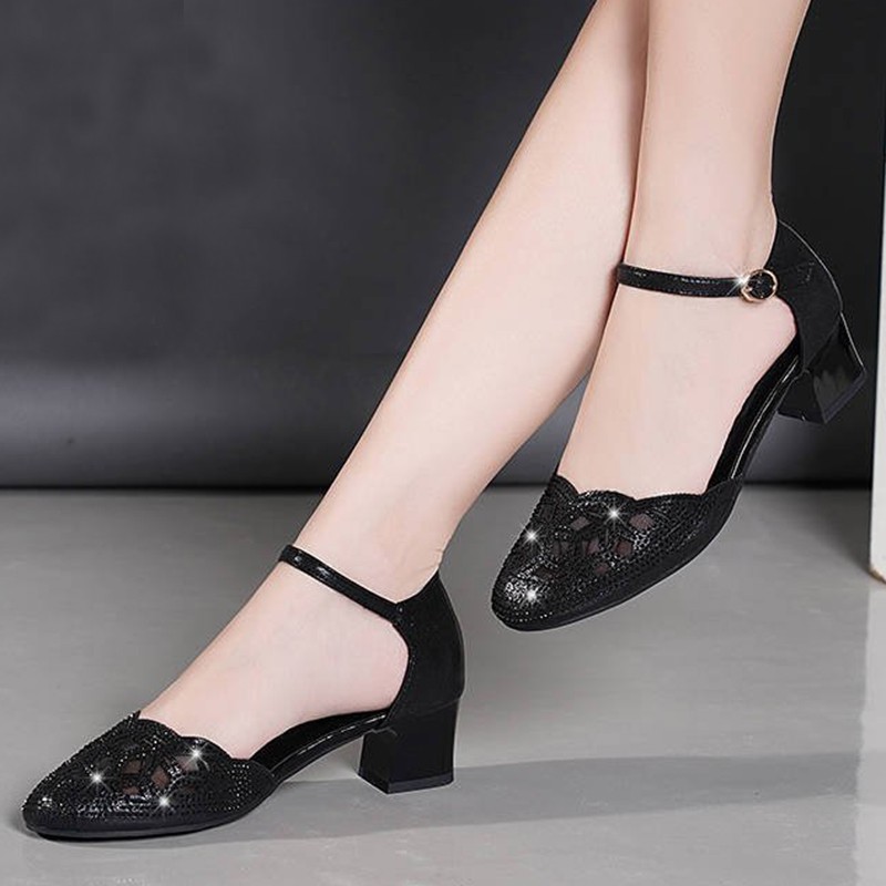 Lucifer Women's 2022 Crystal Studded Chunky Heels Ankle Strap Women High Heels Shoes Women Hollow Out Round Heel Shoes