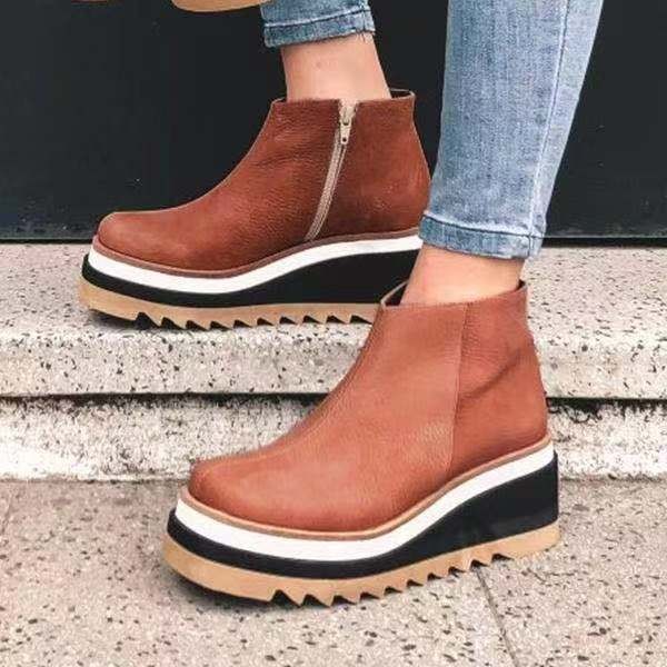 Plus size 43 wedge heel ankle boots women 2021 autumn and winter new flat side zipper leather boots women botas de mujer