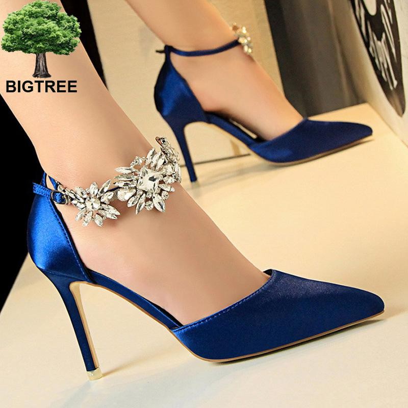 BIGTREE Shoes Women Rhinestone High Heels Woman Pumps Stiletto Silk Satin Women Heels Shoes Ladies Wedding Shoes Women Sandals