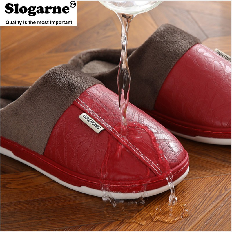 Couples Women Men Winter Slippers Home Cotton Shoes For Lovers Men Indoor Slippers Plush Warm Indoor PU Leather Waterproof Unisex